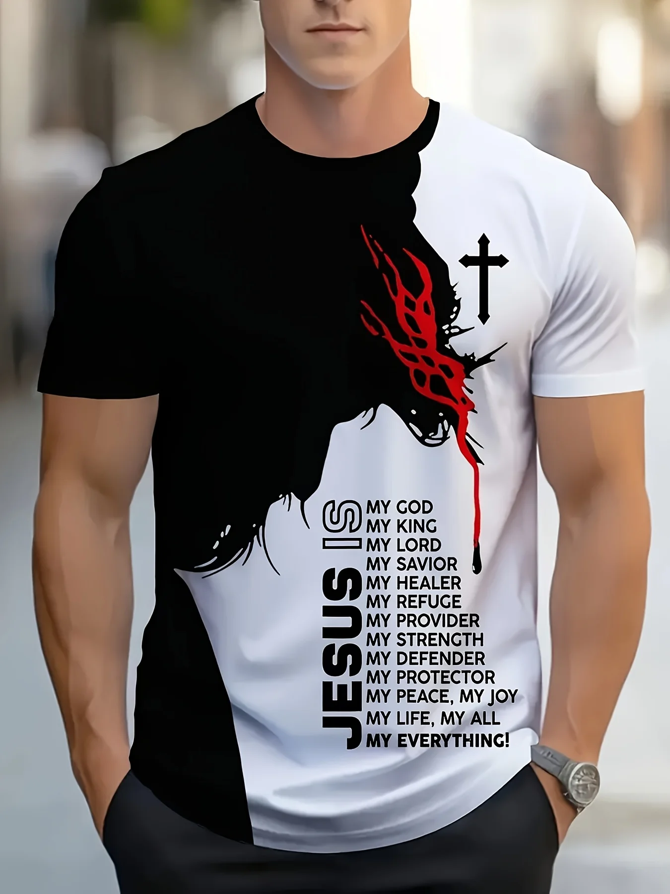 1pc Men'S Casual Polyester T-Shirt with 3D Jesus Graphic Print,Crew Neck,Short Sleeve,Slight Stretch Knit Fabri