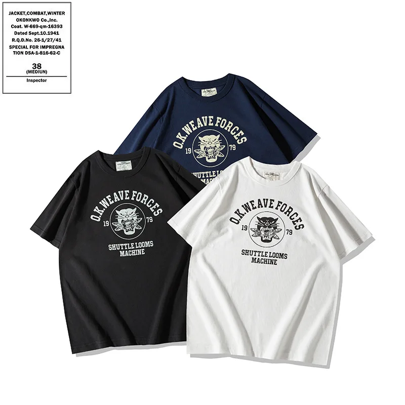 

OKONWKO_Shuttle American retro round neck T-shirt retro military style bomb leopard print TEE