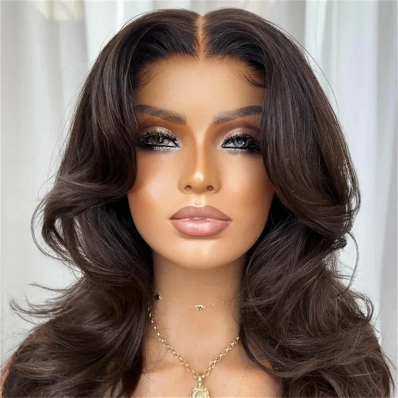 26inch Long Brown Body Wave Wig for Women 180 Density Lace Front Heat Resistant Synthetic Glueless Preplucked Daily