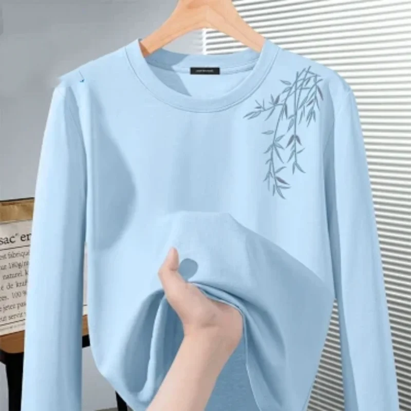 Blue Pure Cotton Long-sleeved T-shirt for Women New Spring Autumn National Style Design Loose Inner Layering Shirt