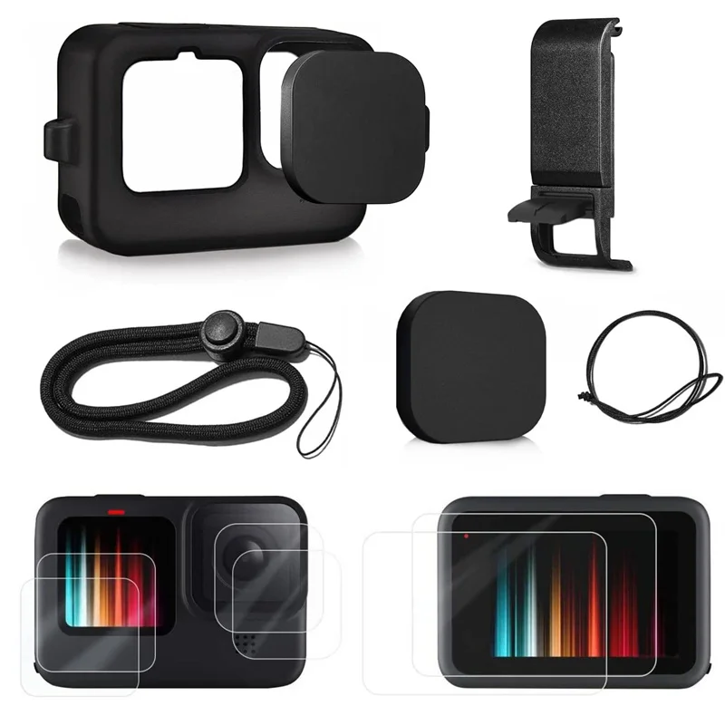 Silicone Case for GoPro Hero 12 11 10 9 Black Screen Protector Protective Film Lens Cap Cover For Go Pro Accessories