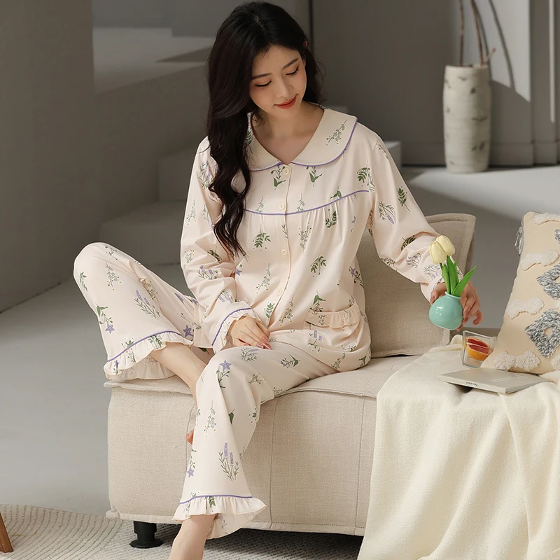 

Elegant Flowers Print Woman Home Wear Leisure Clothes Spring Autumn Long Sleeved Women Pajamas For Sleep Pijamas Mujer M-4XL