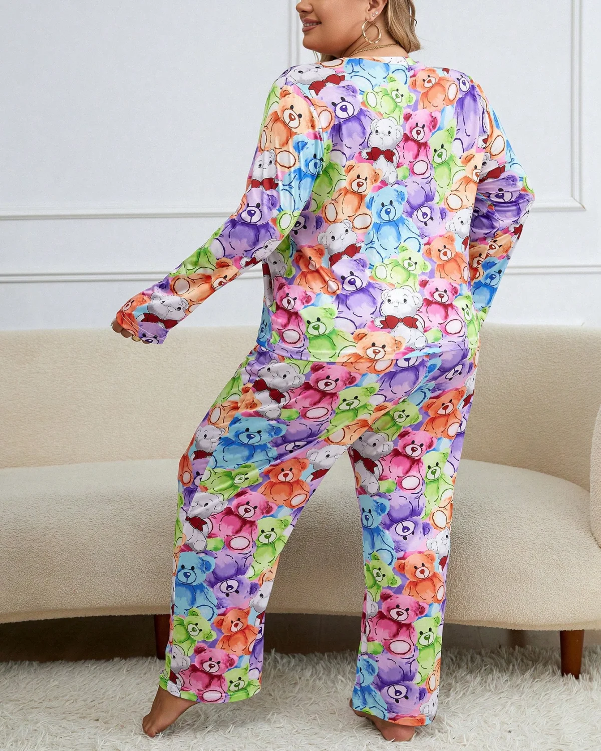 Large size women\'s pajama set cute printed short sleeved top&pants home clothing 2-piece set
