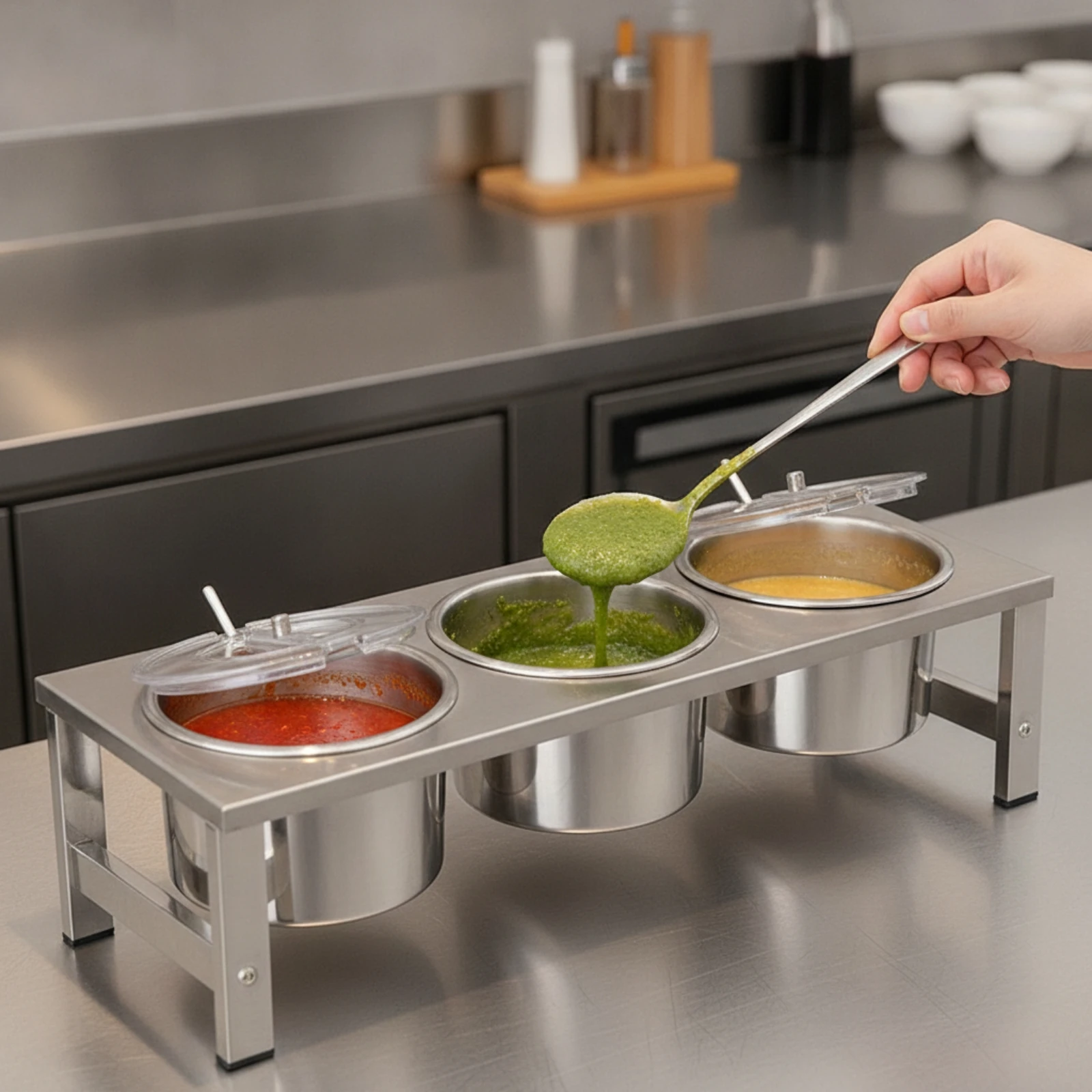 Condiment Holder with Spoons Commercial Seasoning Organizer with Pots Seasoning Box with Spoon Easy to Clean Rack Anti-Corrosive