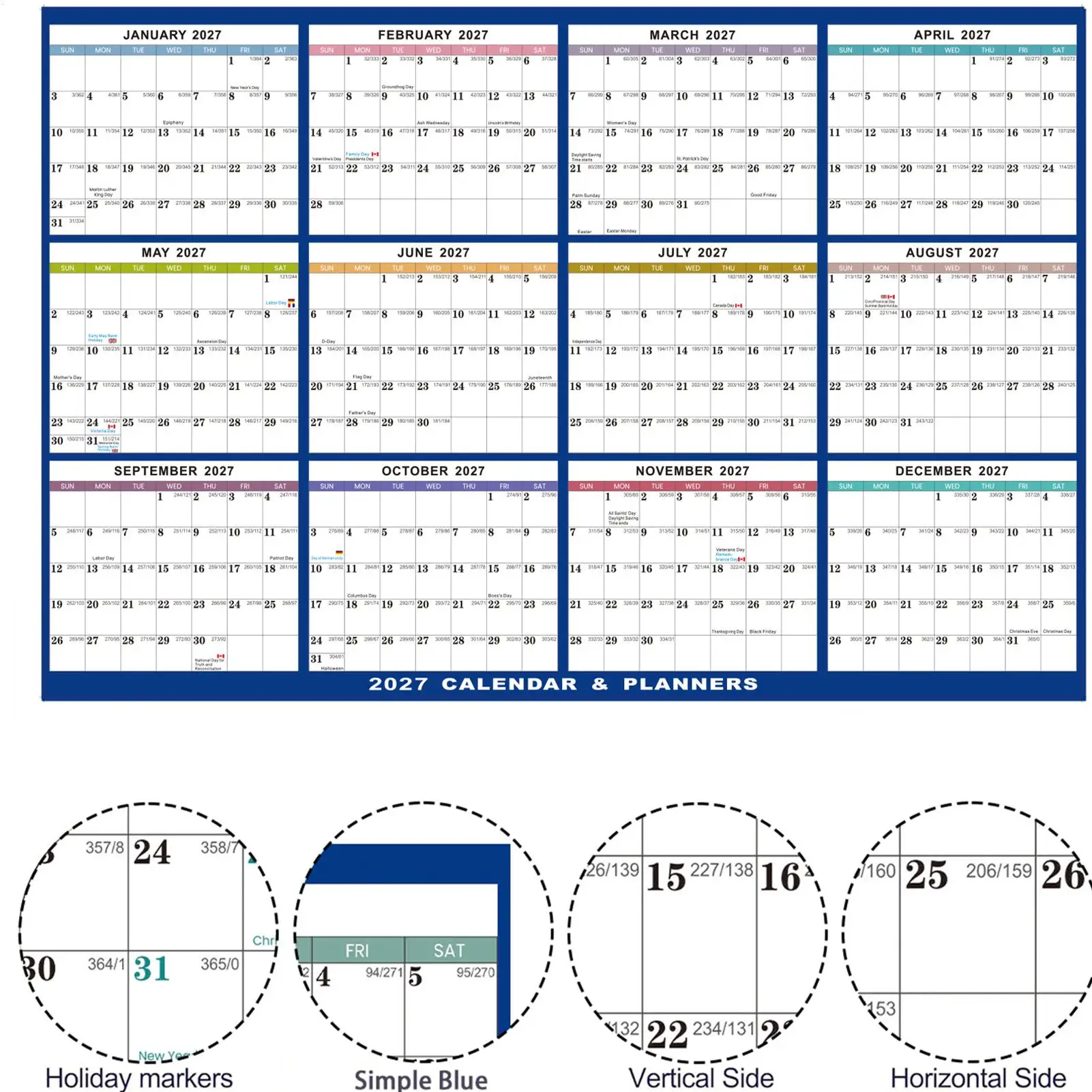2027 Poster Calendar Single Wall Mounted Double-sided Adhesive Calendar Waterproof Erasable Thick Paper Large Monthly Planner