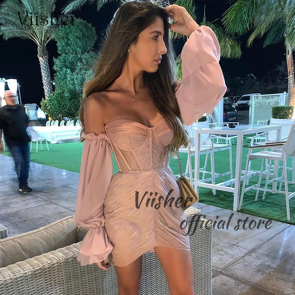 

Viisher Dusty Pink Chiffon Short Cocktail Prom Dresses 3/4 Sleeve Bone Corset Sweetheart Party Dress Sexy Mini Night Club Wear