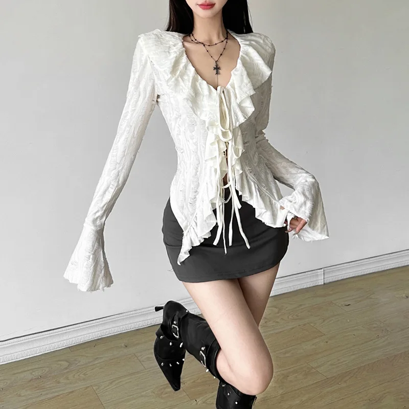 Bows and Ruffles, Simple Chiffon, European Style, New Women's White Gauze Elegant Tie-up Top