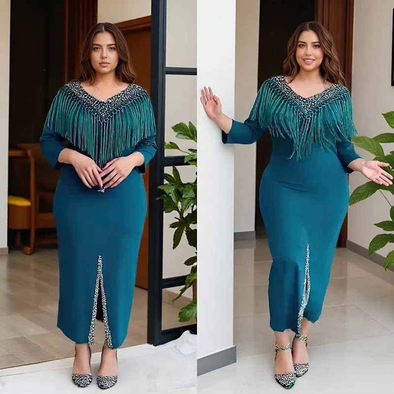 

Элегантные африканские платья для женщин, роскошные облегающие вечерние платья больших размеров с кисточками и бриллиантами, Дашики, Анкара, африканская одежда, кафтан