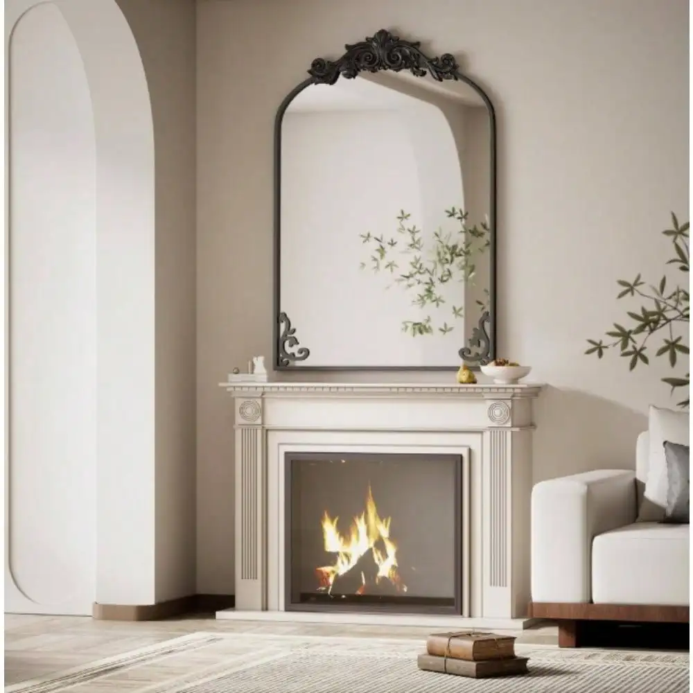 Arched Metal Framed with Carved Decoration Vanity Mirror Wall Mirror for Entryway, Bedroom Vanity, Living Room, Hallway Decor