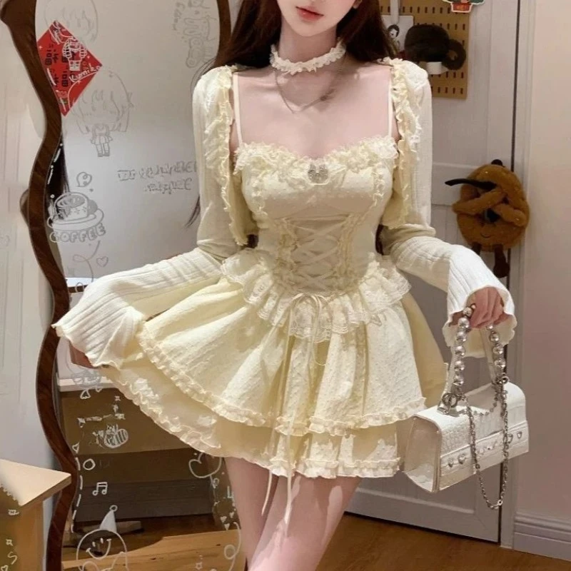 2000s French New Sweet 2 Piece Set Women Elegant Short Cardigan + Lace Strap Dress Suit Y2k Korea Fashion Desogn Party Outfits view 6