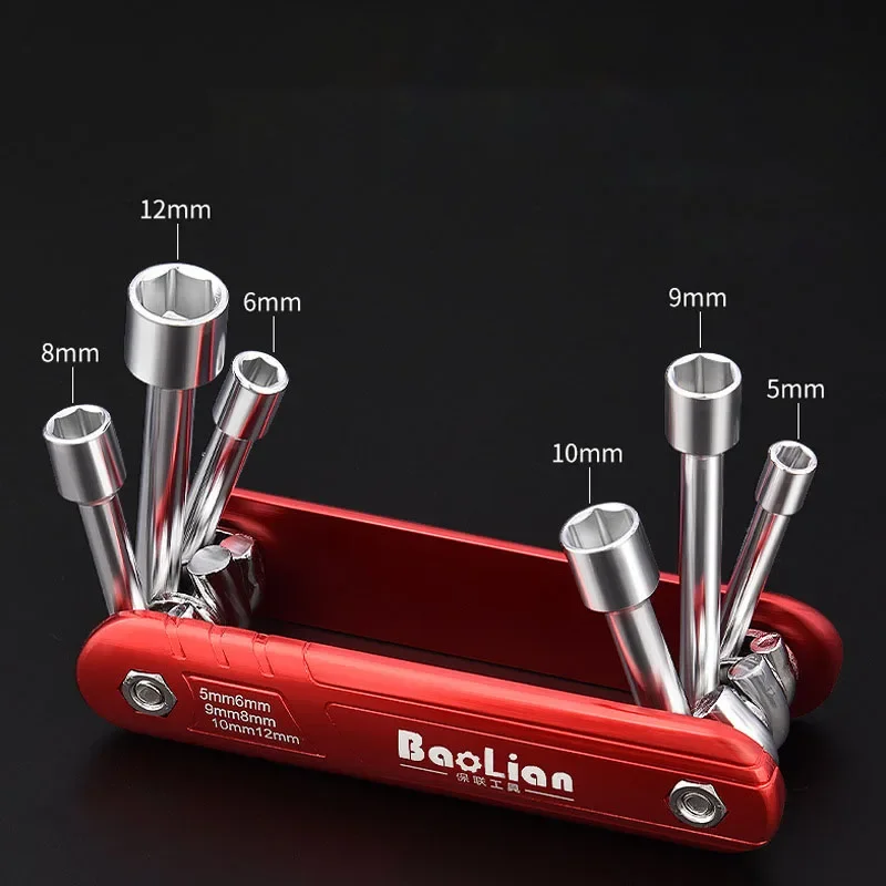 Multifunções Folding Socket Wrench Set, Alça de liga de alumínio, Ferramentas manuais portáteis domésticas, Combinação Metric Tools, 5-12mm, 6 em 1