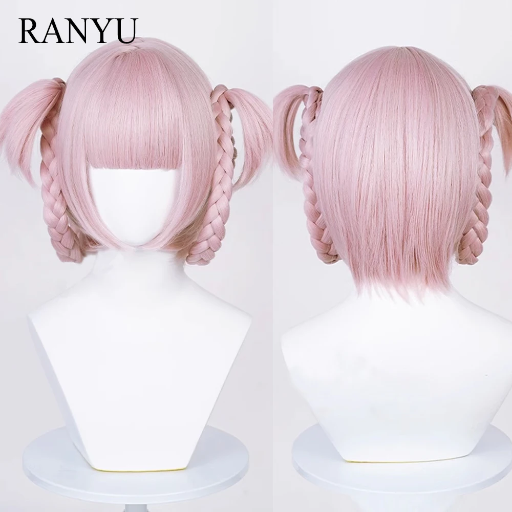 RANYU Synthetic Wigs Short Straight Gray Pink Braid Women Anime Cosplay Hair Wig for Daily Party