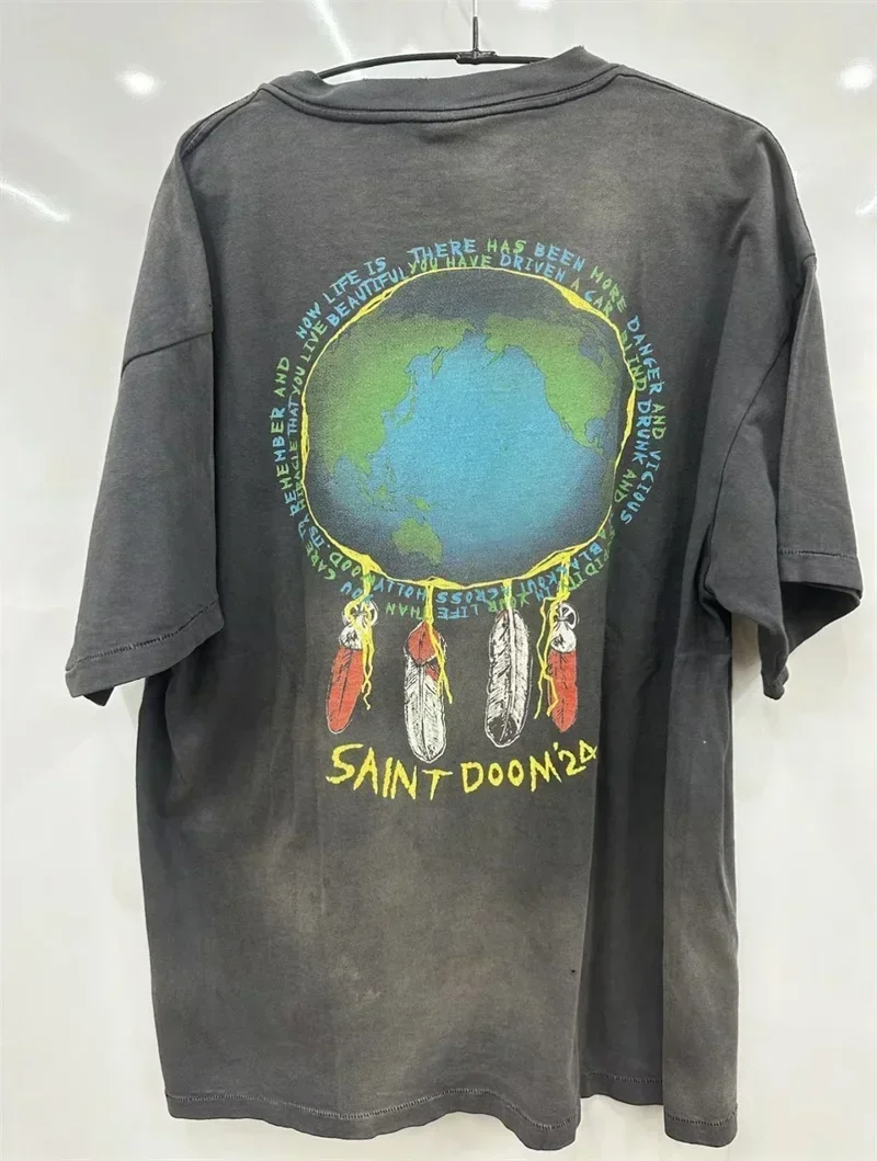 Saint Michael Harajuku T-Shirts For Men Women 1:1 Best Quality Grey Washed Oversized Graphic T Shirts