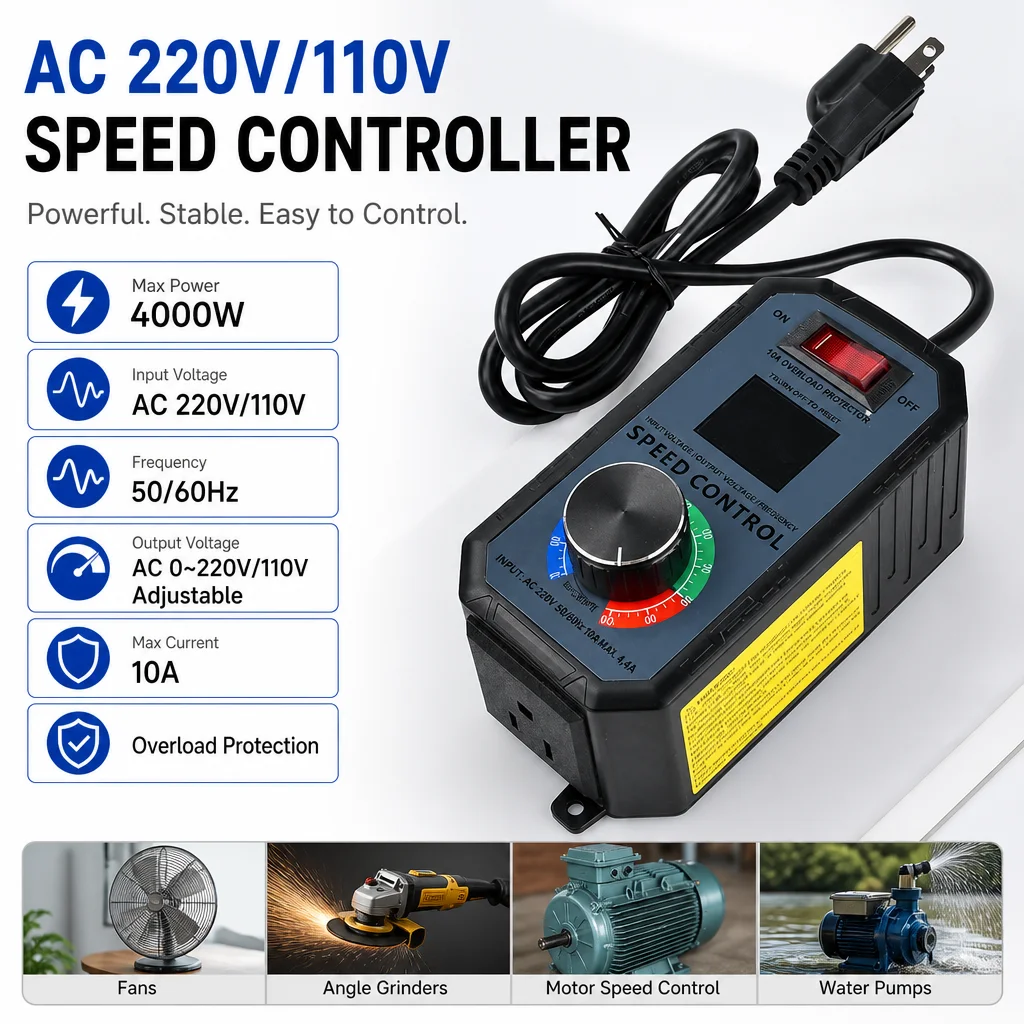 AC110V 220V 4000W High Power Speed Governor 10A Adjustable Voltage Temperature Dimmer With Surge Protection