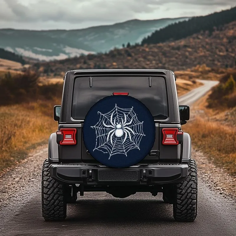 

White Spider Web Tire Cover Polyester Waterproof Vehicle Spare Wheel Protector Outdoor