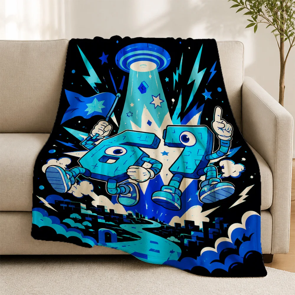 Premium XL Plush Throw Blanket Cartoon Anime Pop Art Blue Theme Sofa Decor Fleece Cozy Winter Keepsake Gift for Living Room