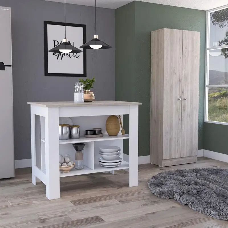 طقم مطبخ مكون من 8 أرفف وبابين مكون من قطعتين - جزيرة مطبخ وخزانة مخزن باللون الأبيض والرمادي الفاتح #1