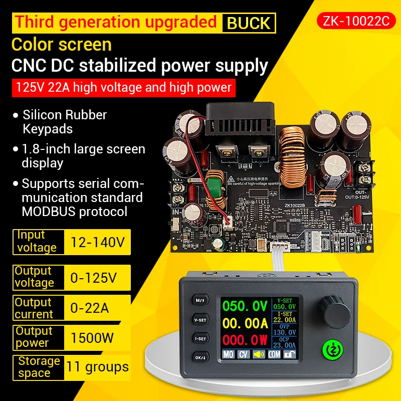 ZK-10022C CNC DC Buck Power Supply with RGB LCD Screen 22A 1500W The Third Generation Adjustable Regulated Laboratory Converter