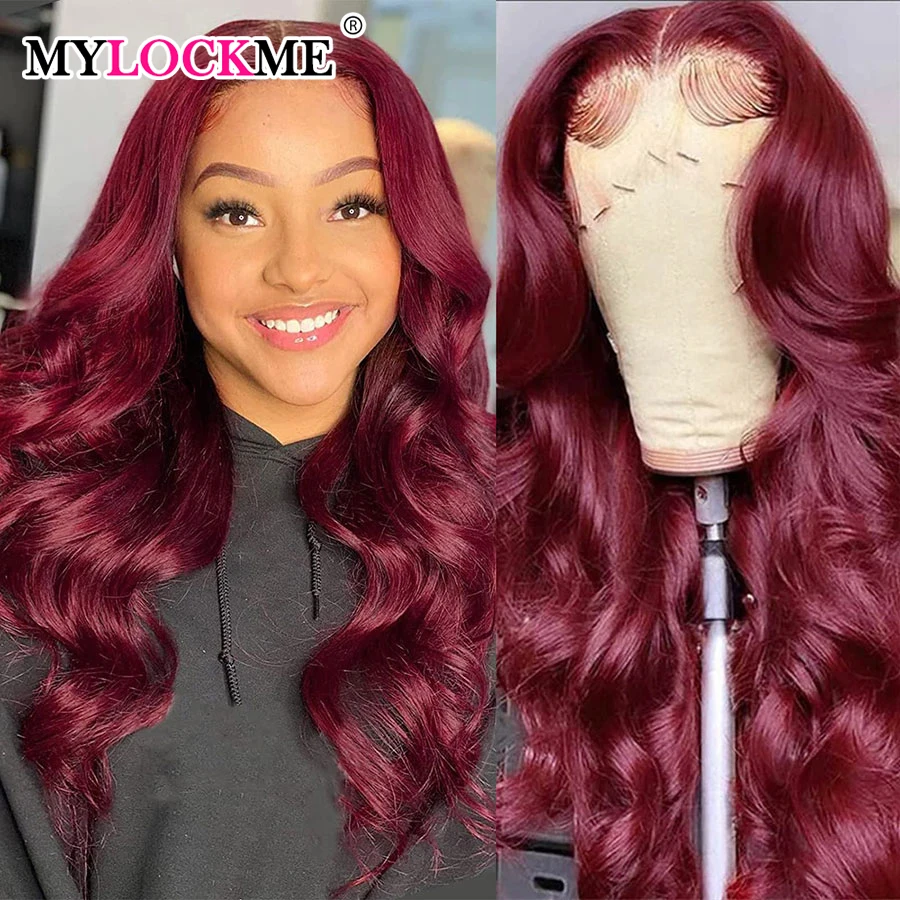 99j Burgundy Lace Front Wigs Human Hair Glueless Wine Red Colored Body Wave Wigs 13x6 13x4 HD Transparent Frontal Wigs