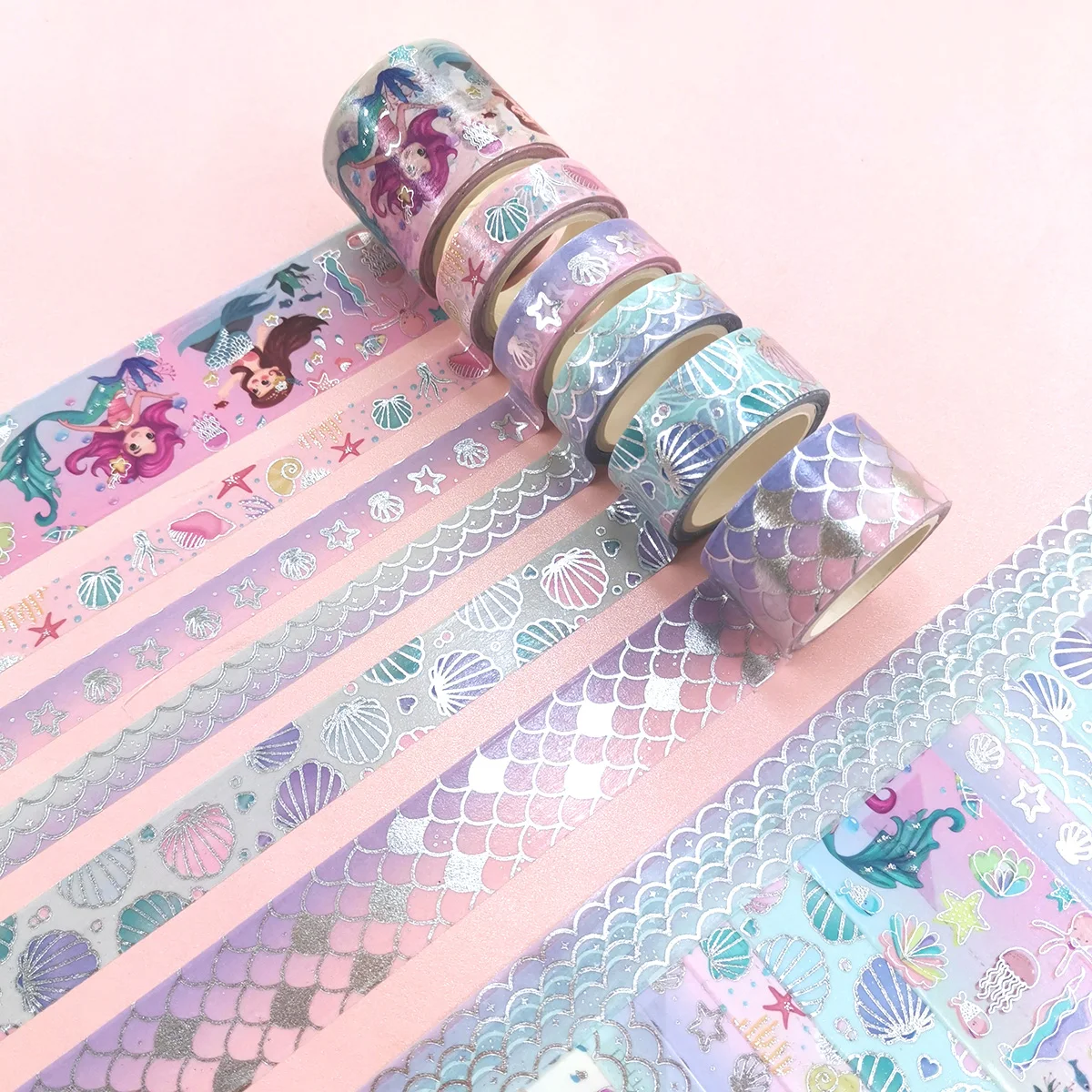 Set Selotip Washi Putri Duyung, 6 Gulungan Selotip Dekoratif Bertema Laut Berlapis Perak Berkilau untuk Menulis Jurnal, Scrapbooking, Kerajinan DIY, Hadiah