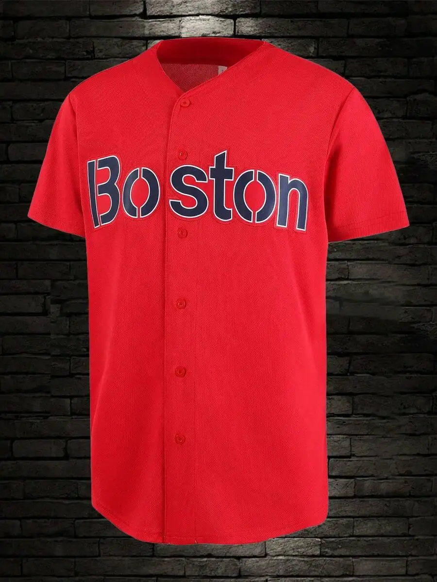 

Mens Red Baseball Jersey Casual Sports Shirt Button Up Embroidered Training Match