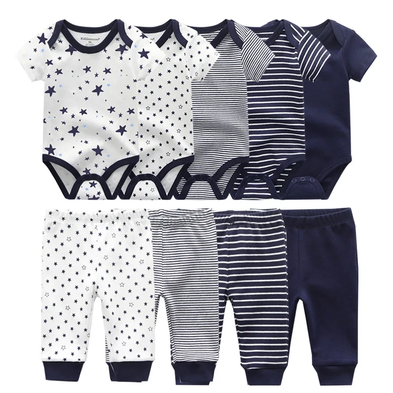 Unisex 6/9/10Pieces Cotton Bodysuits+Pants Newborn Baby Girl Clothes Print Baby Boy Clothes Sets Short Sleeve Bebes