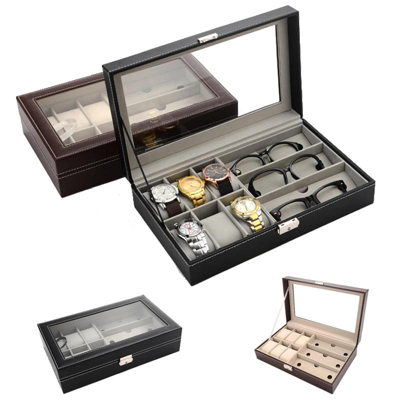 Pu Leather 6+3 Slots Watch Sunglass Organizer  Box Display Holder Cases Multifunctional and Effective Storage For Men And Women