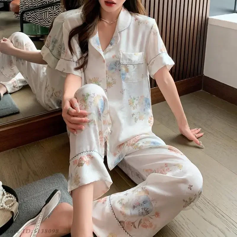 

Женский пижамный комплект из 2 предметов с белым принтом, летняя одежда для сна, домашняя одежда, брючный костюм с короткими рукавами, пижама Pour Femme, свободная повседневная домашняя одежда