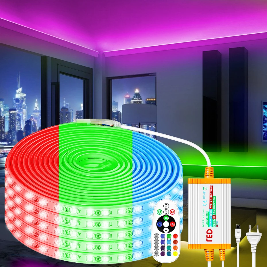 

1-100 м RGB светодиодная лента с дистанционным управлением, светодиодная лента, лампа переменного тока, 220 В, вилка европейского стандарта, гибкая лента с регулируемой яркостью, водонепроницаемое наружное освещение