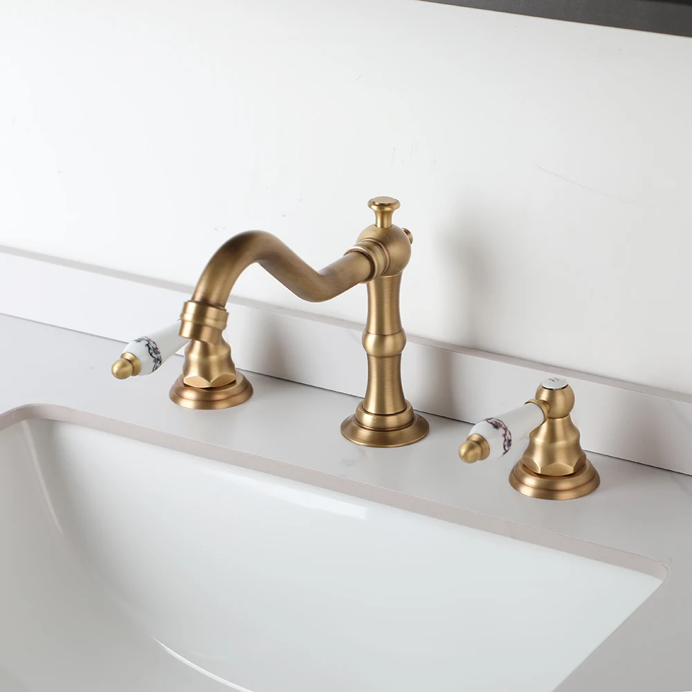 ZAPPO Antique Brass Bathroom Faucet 3 Hole Widespread Bathroom Faucets Deck Mounted 360° Swivel Hot Cold Water Mixer Tap