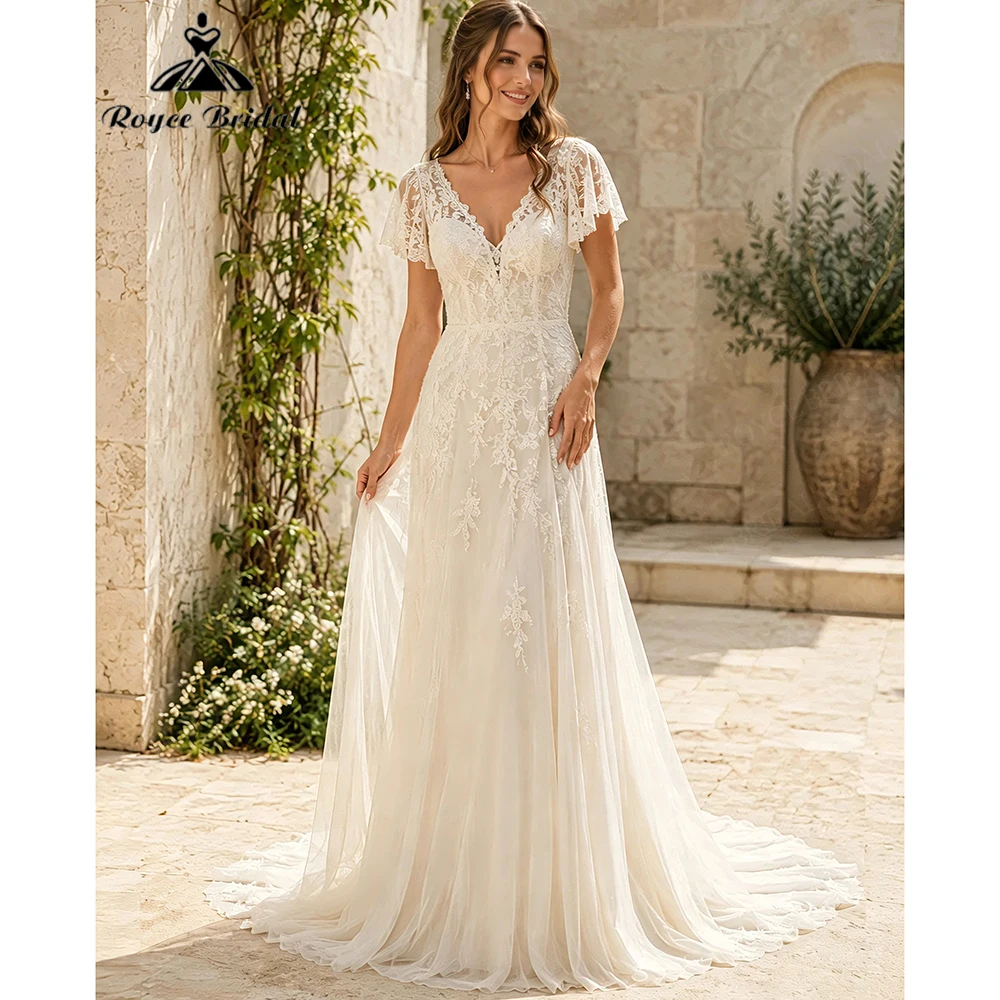 Boho Applique V Neck Elegant A Line Wedding Dresses 2027 Flowers Lace Beach Bridal Gown Customized vestido de novia