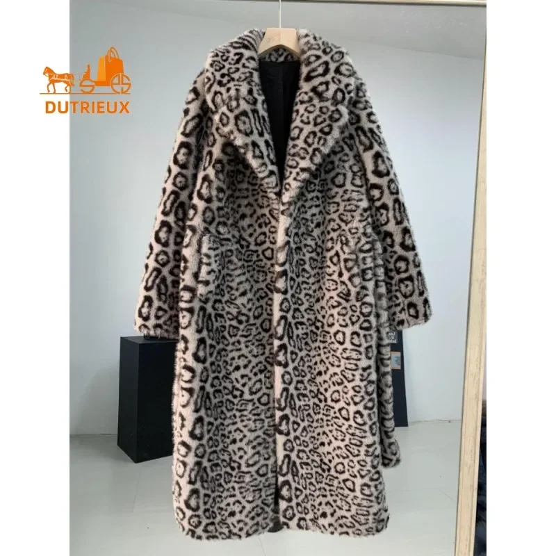 2024 Winter New Fur Coat for Women, Extended Genuine Leather Fur Leopard Print Loose Silhouette Jacket for Warm Street Shooting