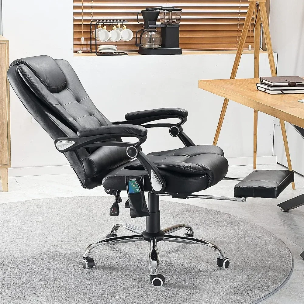 Ergonomic Reclining Office Chair, Heat & Massage High Back Desk Chair w/Retractable Footrest, Executive Swivel Leather Chair