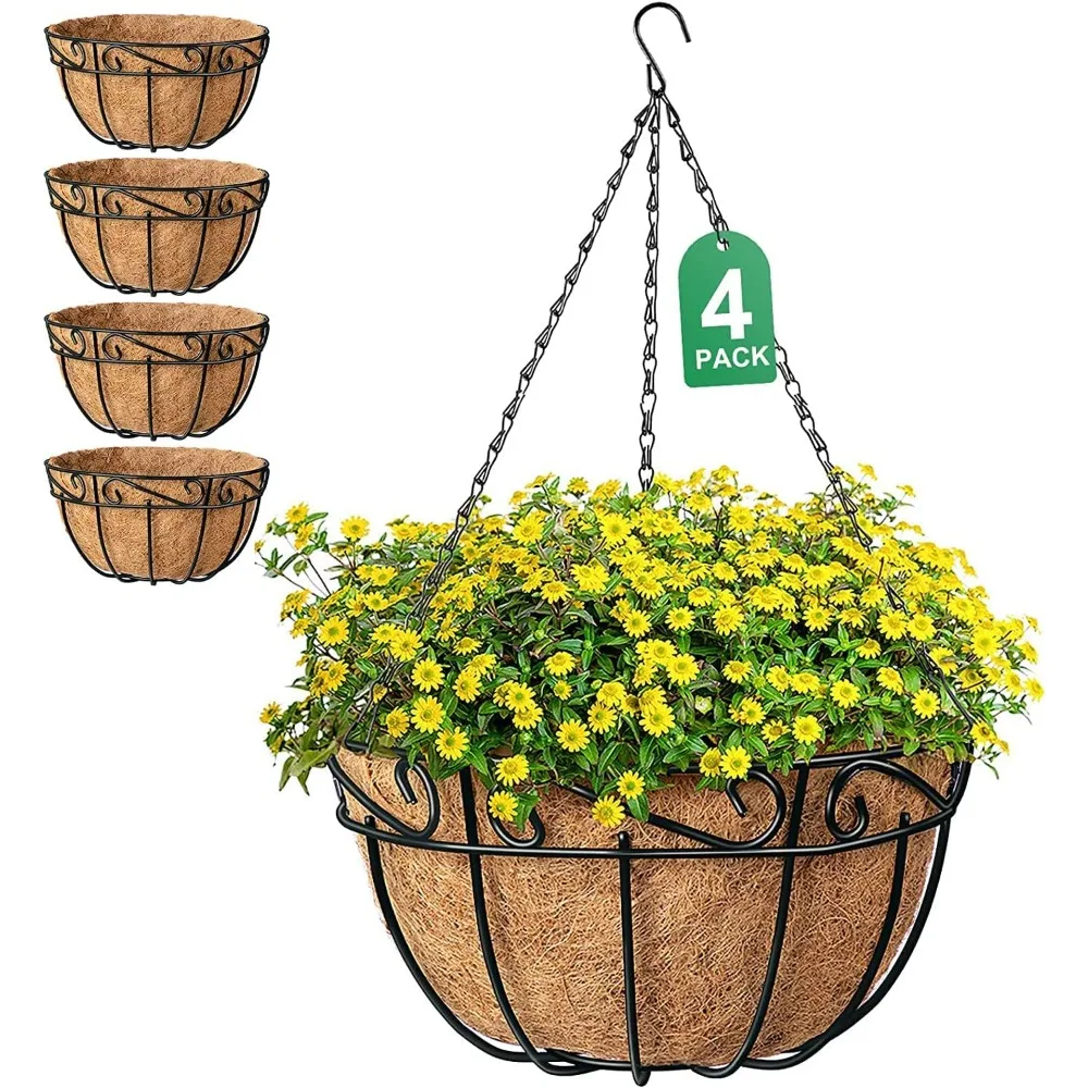 

4 Pack 14 Inch Hanging Baskets Planter for Flowers Round Outdoor Indoor Pots Holder Hanger Metal