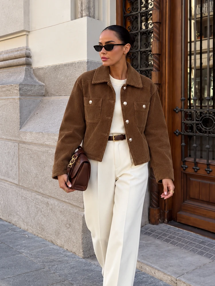 HH Women Brown Corduroy Jacket Fall 2026 Cropped Shacket Button Utility Pockets Relaxed Fit Casual Streetwear Work Outerwear