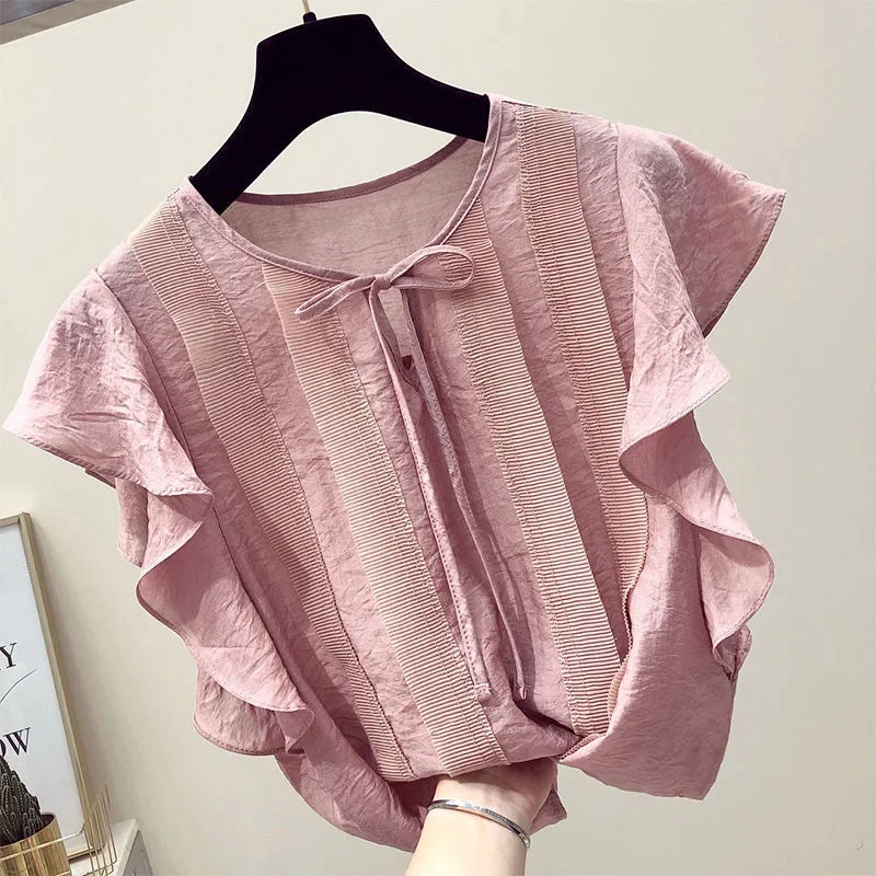 Elegante camicetta in chiffon con volant e fiocco con lacci allentati Abbigliamento donna Estate Nuovi pullover casual Camicia da donna da ufficio tinta unita