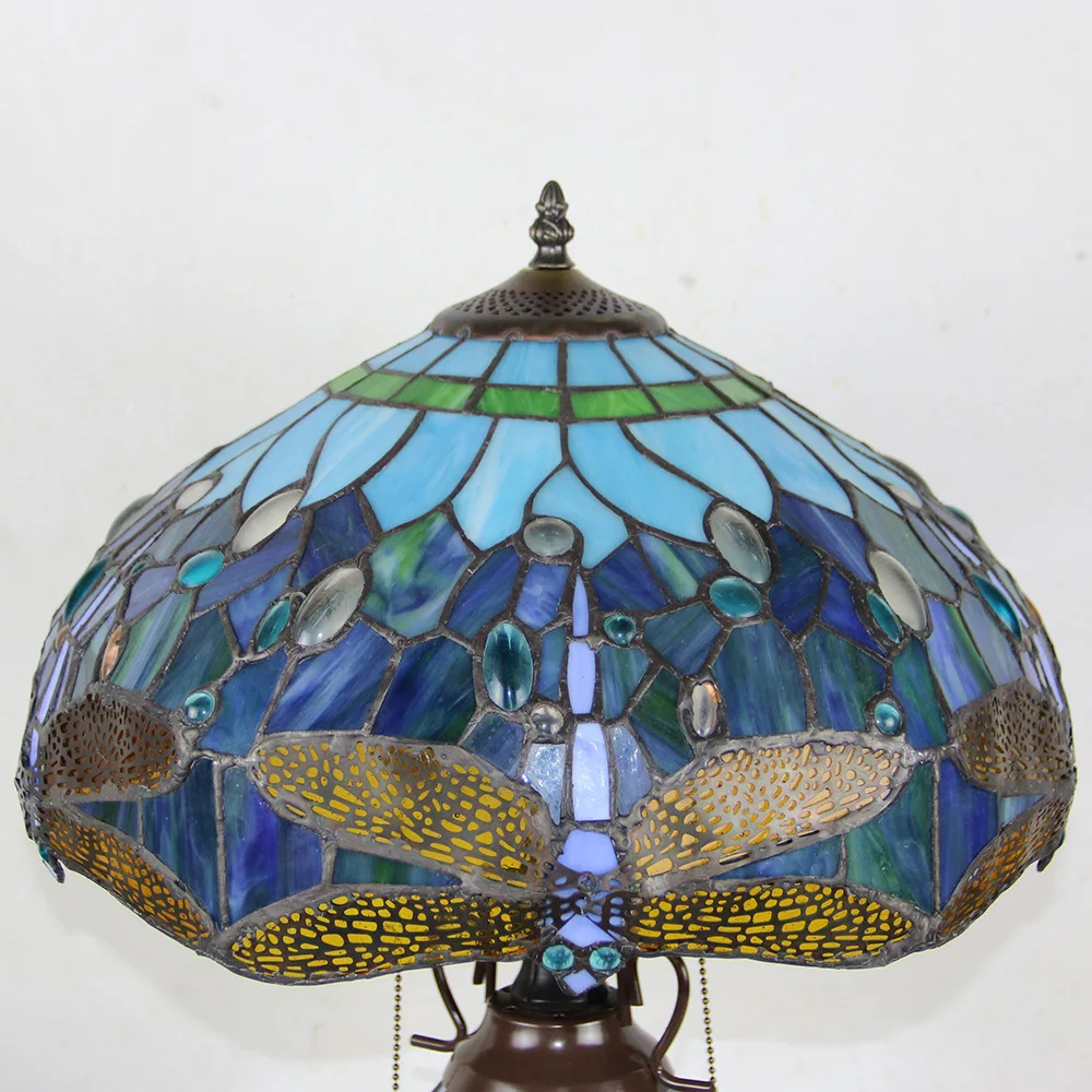 16inch 40cm Tiffany-style Stained Glass Blue Dragonfly Lampshade Table Light Desk Lamp with Lighted Base Sofa Corner Decor