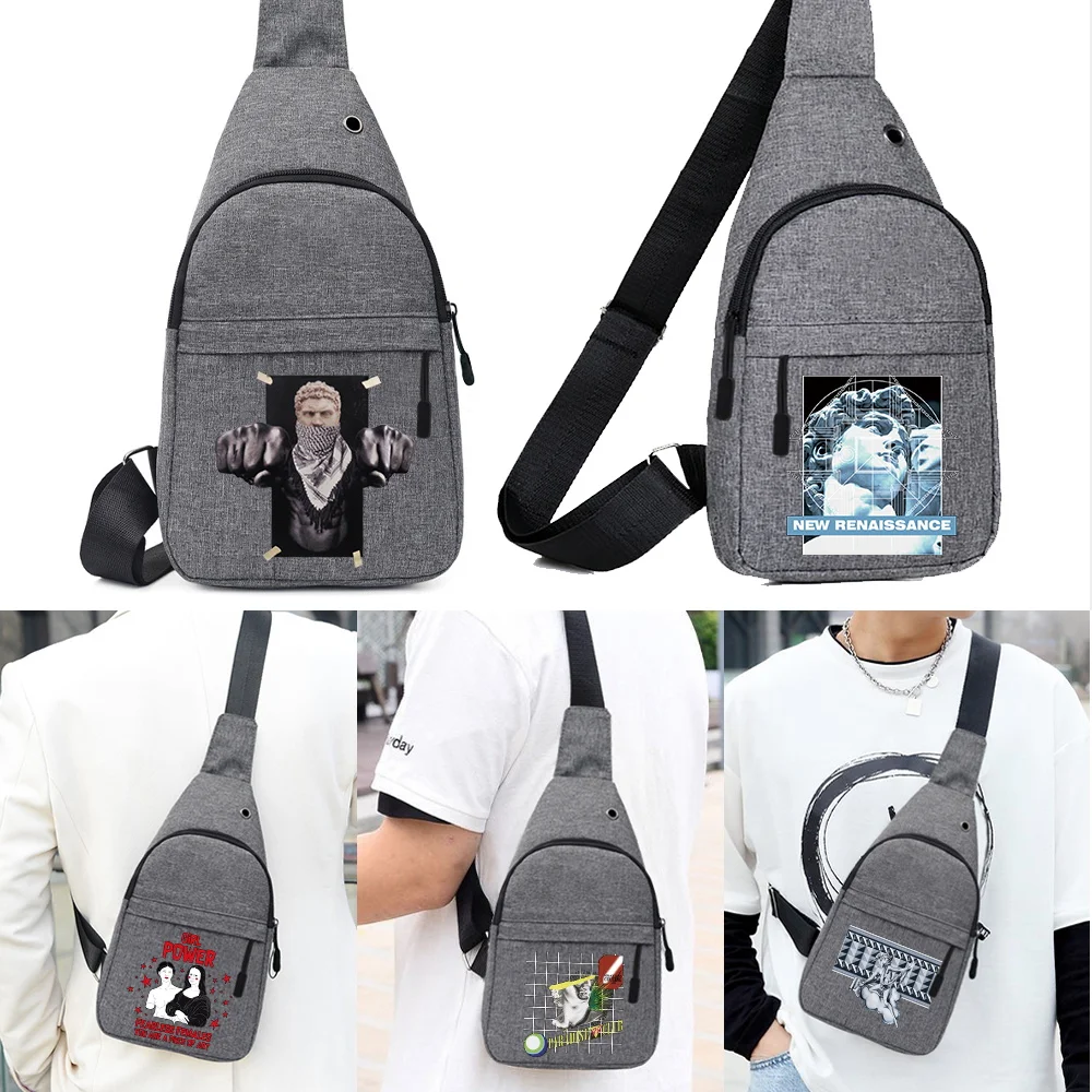 

Men Chest Bags Casual Waist Bags Charging Earphones Cable Hole Crossbody Bags Sculpture Series Canvas Sling Shoulder Waist Packs