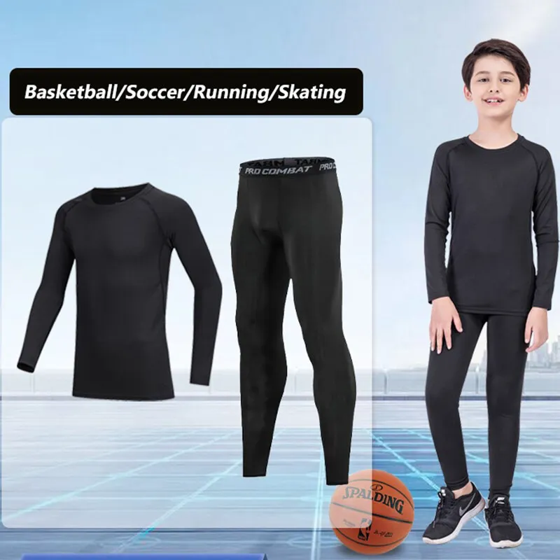 (110-160cm)Children Quick Dry Exercises Training Suit Set Tights Running Basketball Teenager Sport Long Sleeve Shirt+Pants