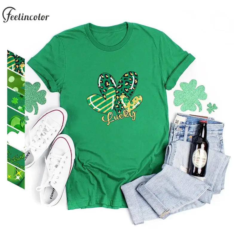 

Lucky Clover Print T-Shirts for Women St. Patrick's Day Graphic T-Shirt Green O Neck Casual Tee Tops Holiday Female Clothing