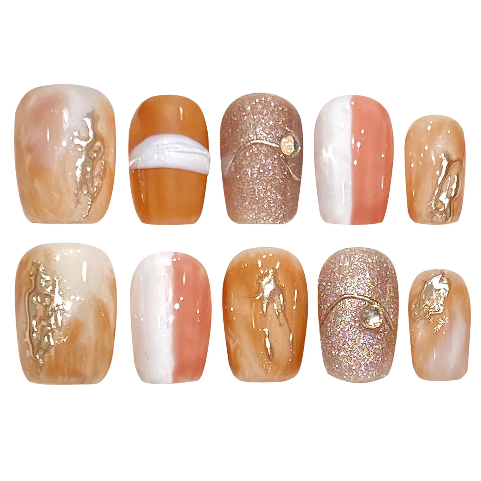 Uñas postizas hechas a mano con purpurina, cuadradas, cortas, Color caramelo, gradiente, marrón, ojo de gato, prensa en uñas, uñas postizas brillantes usables