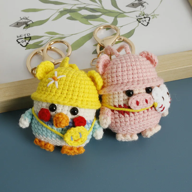 

Cute Piggy Keychain For Couple Gift Kawaii Cartoon Pig Doll Crochet Keychain Handmaking Knitting Animal Doll Keyring Bag Pendant