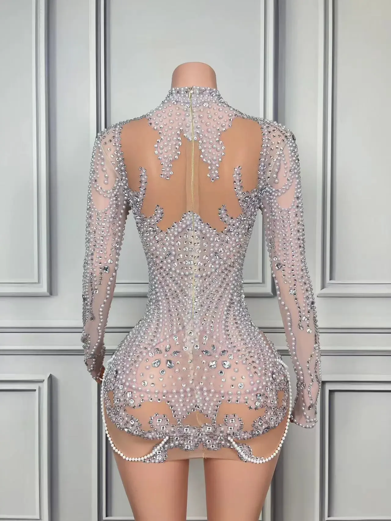 Frauen Abend Prom Feiern Kleid Sexy Mesh Transparent Sänger Show Party Tragen Luxuriöse Volle Strass Perle Kurzes Kleid