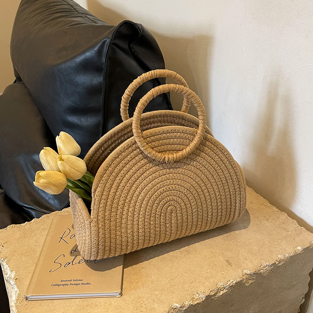 

Handwoven Top Handle Bag Chic Cotton Rope Shoulder Purse Retro Holiday Travel Handbag Vacation Bag for Women and Girls
