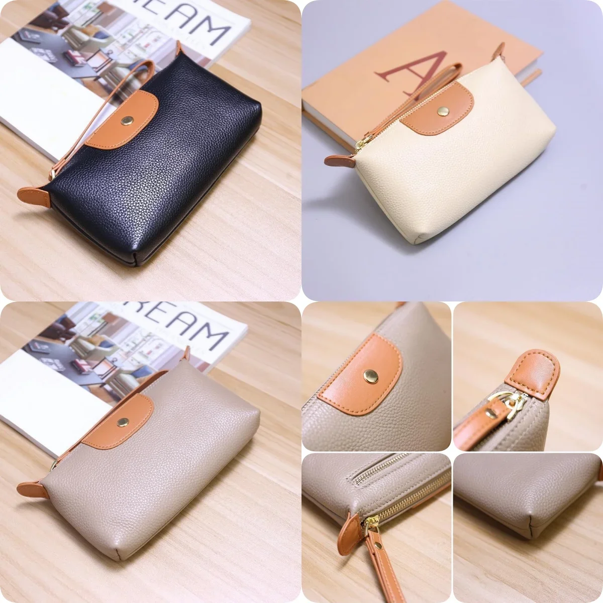 The new fashionable soft leather women's wallet with contrasting colors is a portable, niche and versatile wrist bag.