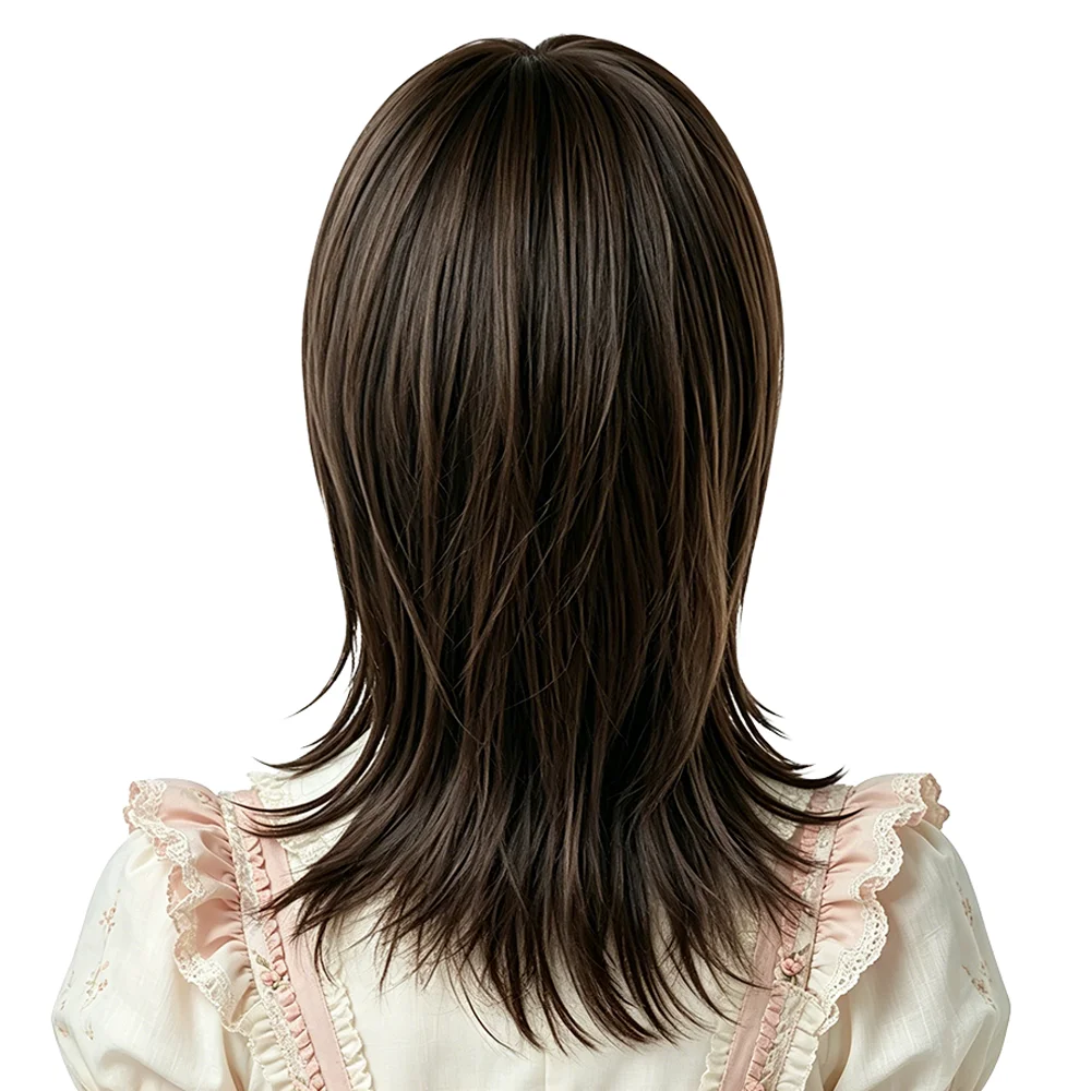 Cool Brown Wolf Cut Mullet Wig For Women Mid Length Air Bangs Natural Fluffy Heat Resistant Synthetic Hair Daily Cosplay Party