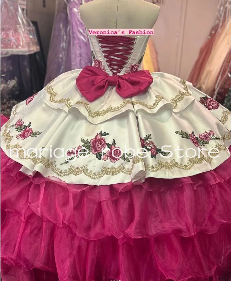 White Fuchsia Mexican Charro Quinceanera Dresses 2025 Princess Sweetheart Crystal Embroidery Corset vestido de 15 años