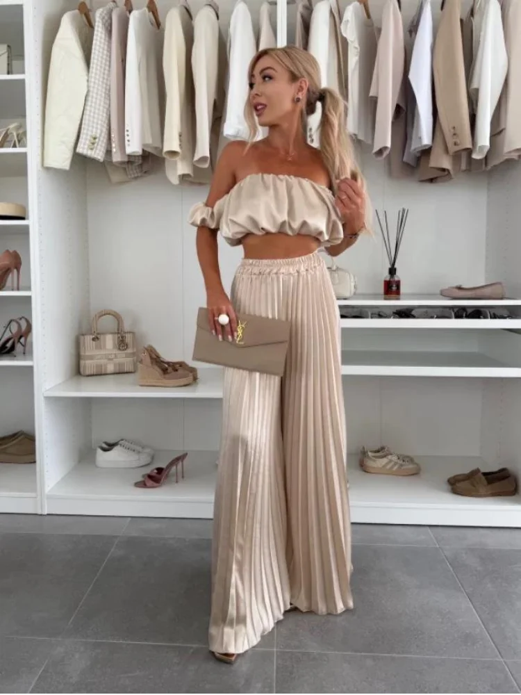 

Apricot Pleated Strapless Pants Set Women's Sexy Sleeveless Off Shoulder Top High Waisted Trousers Suit 2025 Summer Street Wear