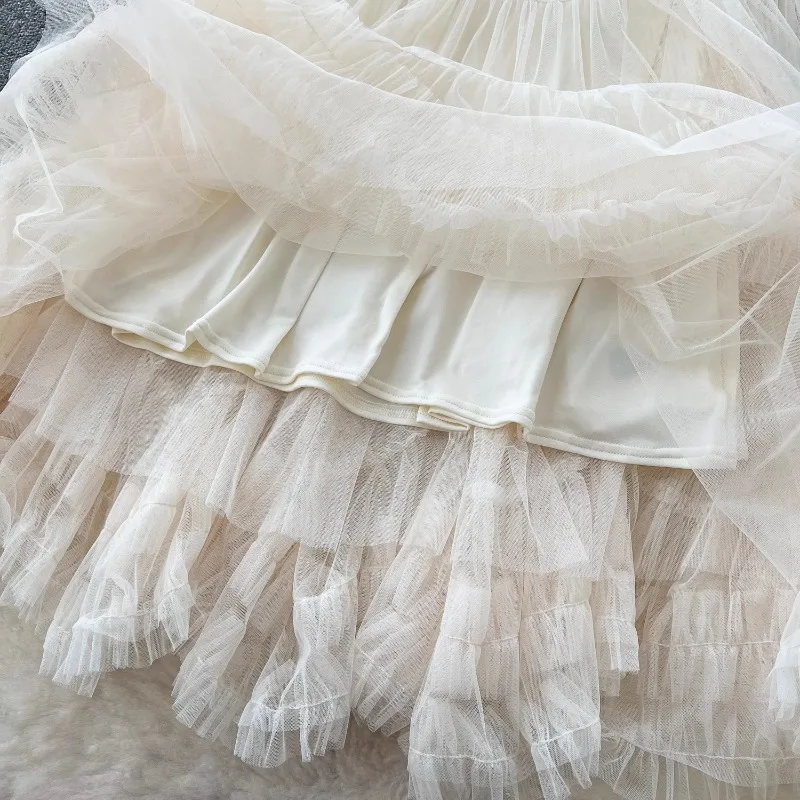 Fairy Mesh Skirt Winter Gentle Wind Niche High Waist Thin Word Fungus Edge Puffy Gauze Skirt High Appearance Level  High Quality