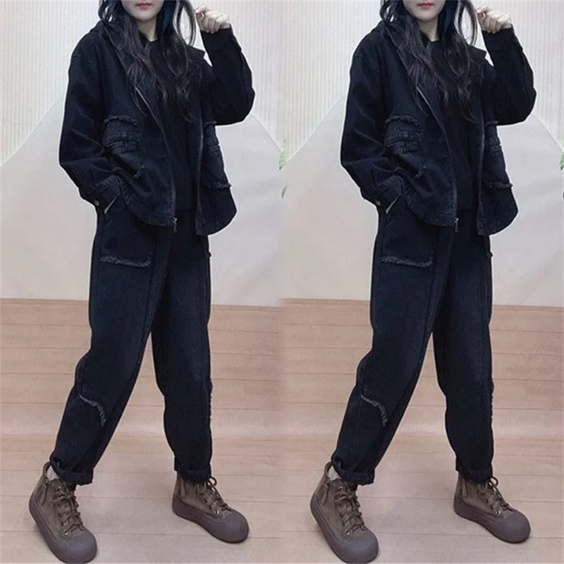 2024 Autumn Hooded qDenim jacket Suits Wear Hooded Denim Coat Fashion Set Women's Spring New Coat casual Jeans Two-Piece Sets view 2